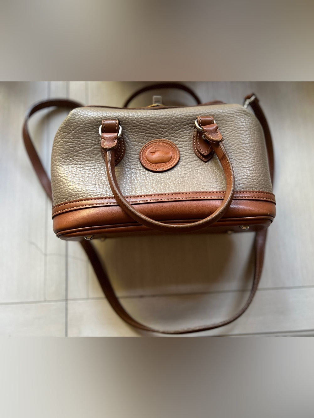 Dooney & Bourke Two-Tone Taupe and Chestnut Pebble Leather Satchel
